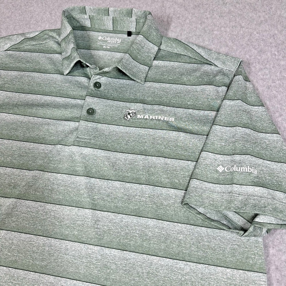 Columbia Omni-Wick Golf Polo S/S Men's XL Green Striped Marines Embroidery‎